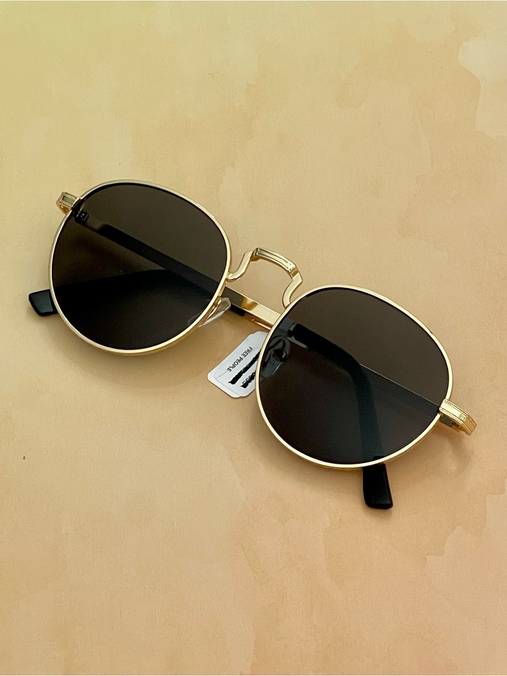 Free People Round Textured Metal Frame Sunglasses in Gold with Black Lenses